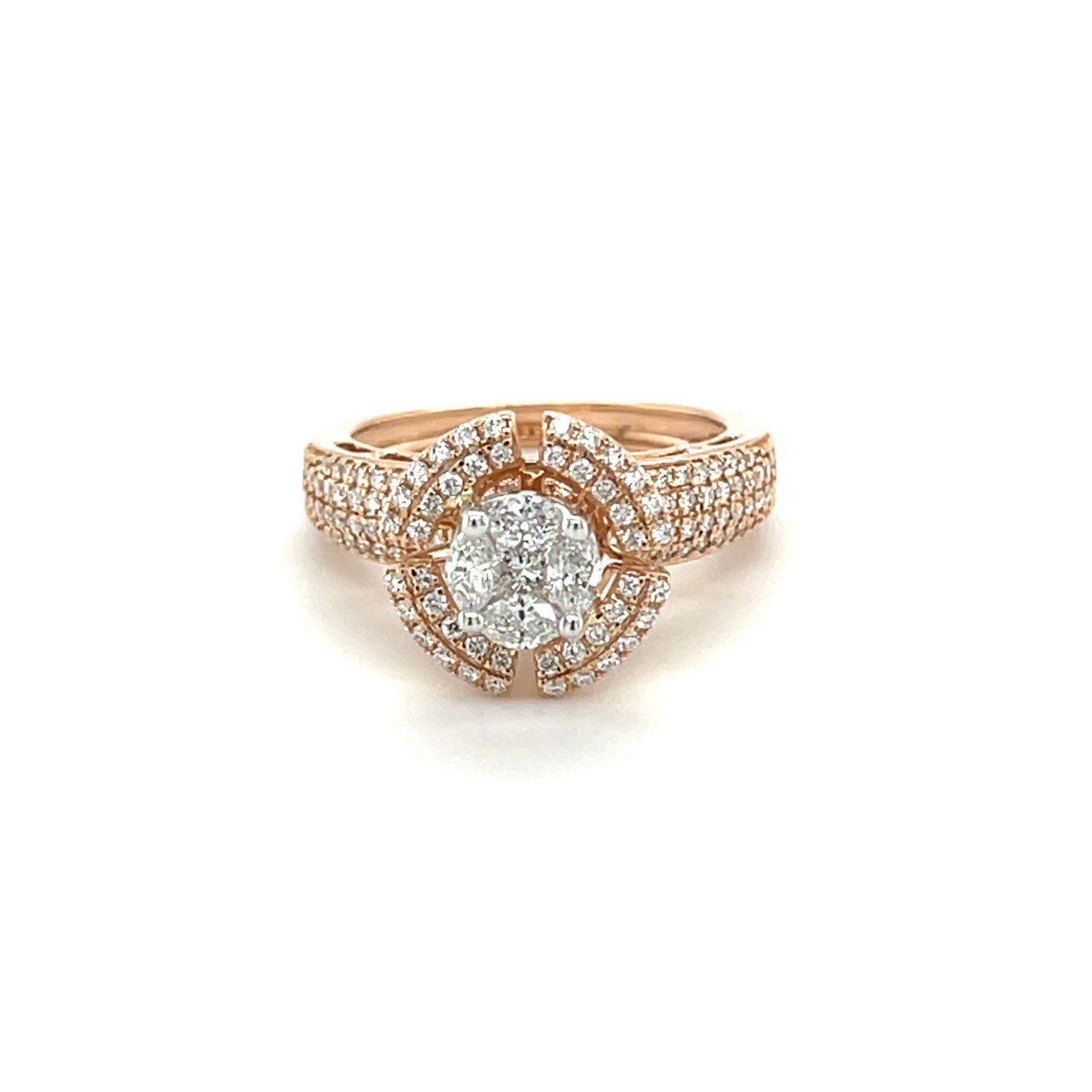 Round Brilliant Cut Diamond Halo Ring with Diamond-Encrusted Band in Rose Gold